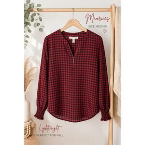 Maurices Red Black Buffalo Plaid Zip Front Blouse Top Size Medium